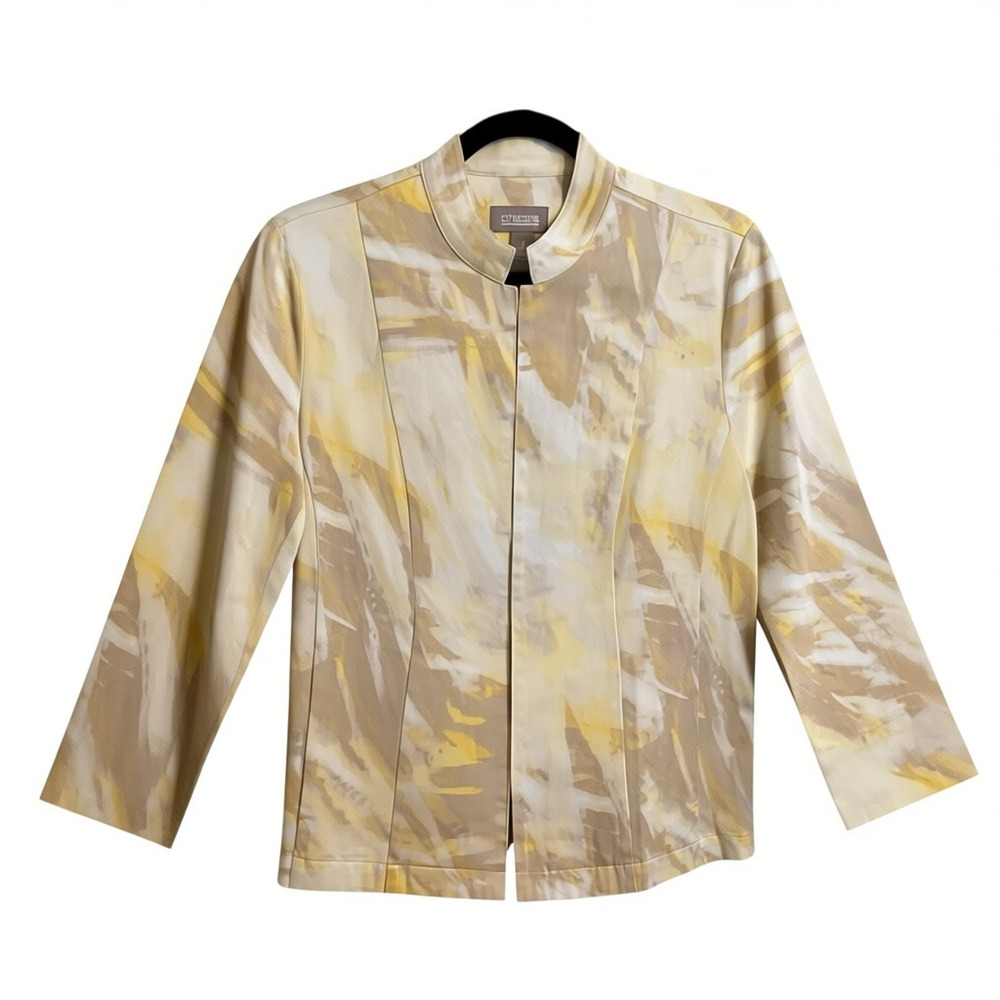 Chico's Open Front Jacket Sz 1 (8) Abstract Watercolor Print Yellow Tan Career